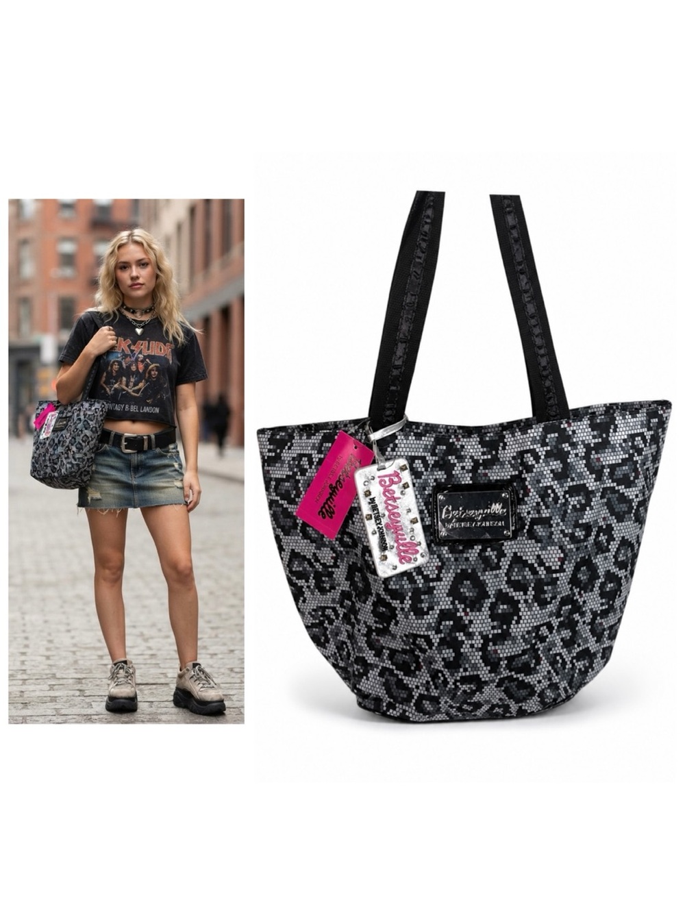 Betsey Johnson NEW Y2K Vintage 
Betseyville Punk Nylon Shoulder Tote Bag Purse